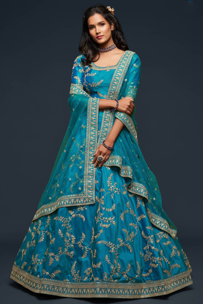 Teal Blue Embroidered Silk Wedding Lehenga 