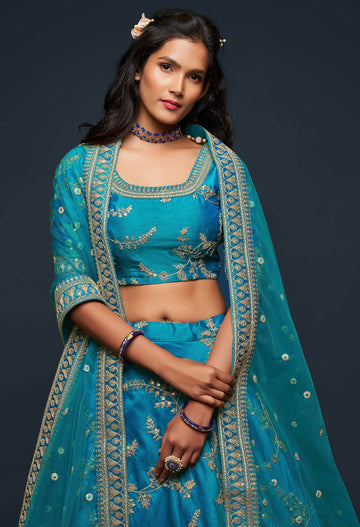 Teal Blue Embroidered Silk Wedding Lehenga 