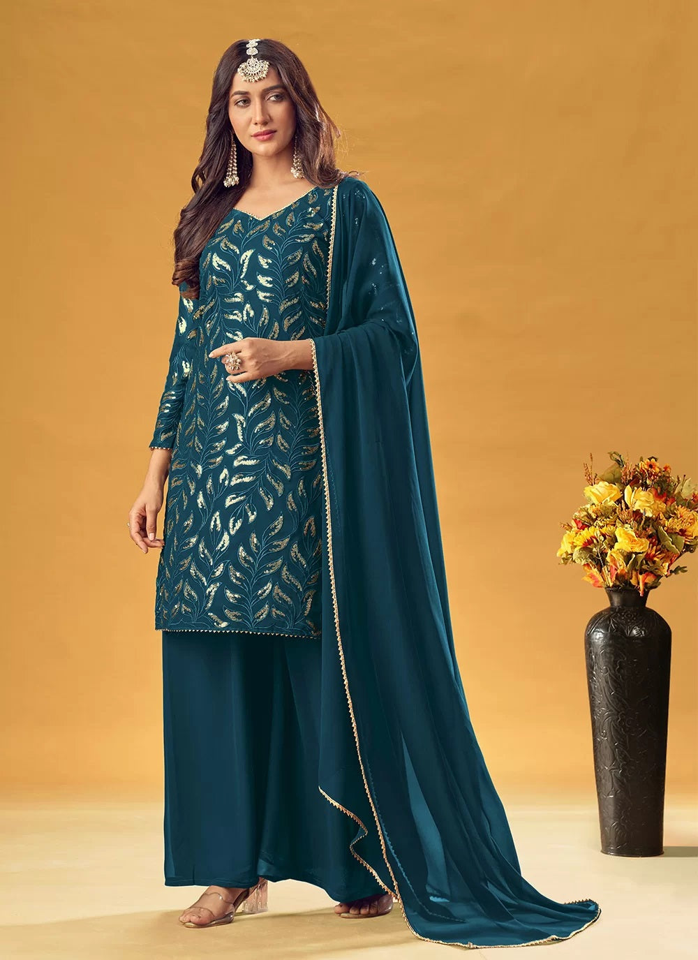 Teal Elegant Ready To Wear Pure Faux Georgette Palazzo Salwar Suit