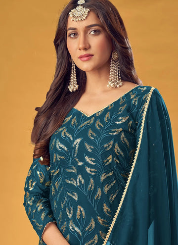 Teal Elegant Ready To Wear Pure Faux Georgette Palazzo Salwar Suit