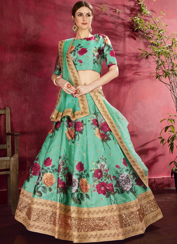 Teal Green Printed Art Silk Lehenga For Engagement