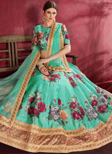 Teal Green Printed Art Silk Lehenga For Engagement