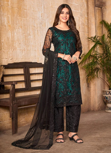 Turquoise Cord Embroidered Straight Salwar Suit