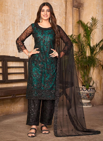 Turquoise Cord Embroidered Straight Salwar Suit