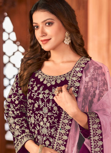 Velvet Heavy Embroidered Anarkali In Purple