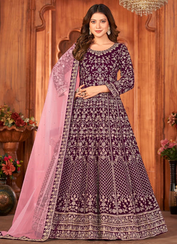 Velvet Heavy Embroidered Anarkali In Purple