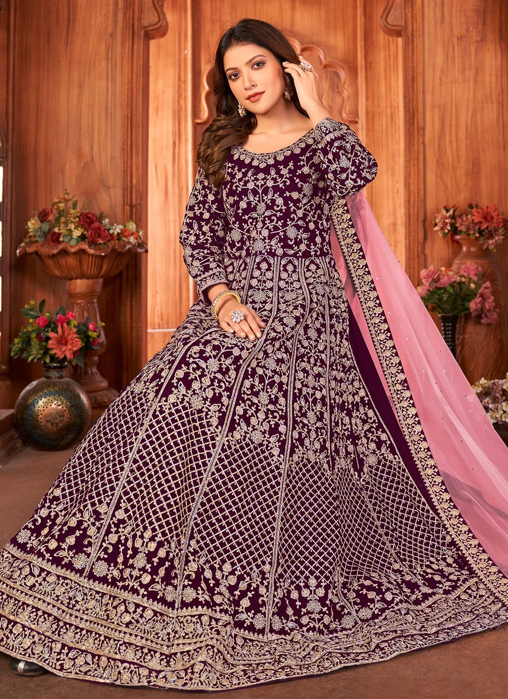 Velvet Heavy Embroidered Anarkali In Purple