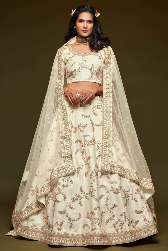 White Thread Embroidered Silk Wedding Wear traditional Lehenga