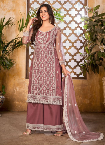 Wine Color Net Indian Trendy Salwar Kameez