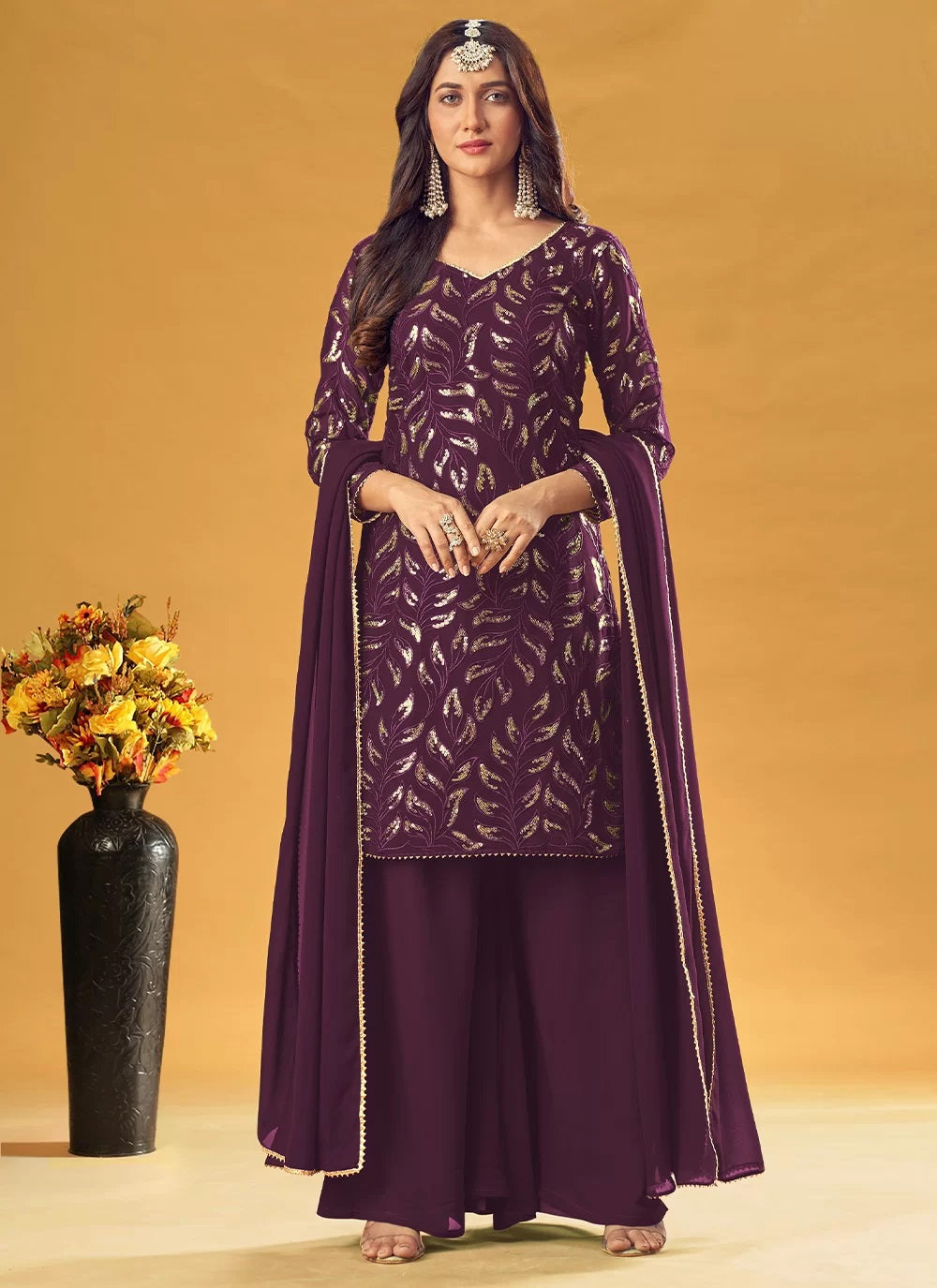 Wine Latest Pure Faux Georgette Palazzo Salwar Suit Online