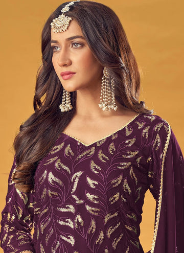 Wine Latest Pure Faux Georgette Palazzo Salwar Suit Online