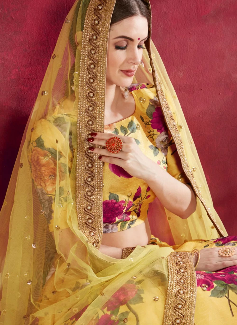 Yellow Digital Printed Art Silk Lehenga