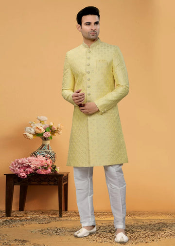 Yellow Art Silk Mens Wear Indo Western with Thread Sequence and Hand Work