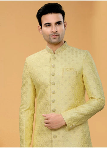 Yellow Art Silk Mens Wear Indo Western with Thread Sequence and Hand Work